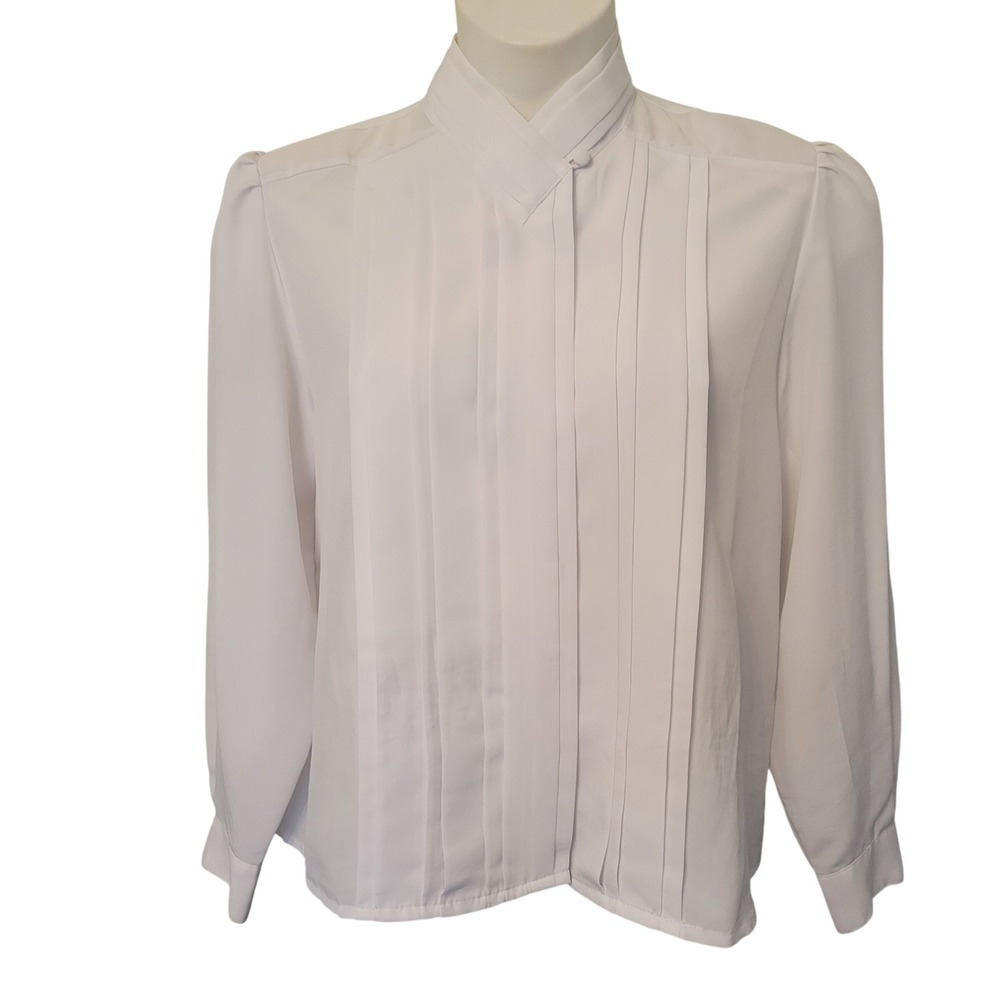 Yves St Clair White Long Sleeve Pleated Neck Blouse 14P Retro‎ Cottagecore